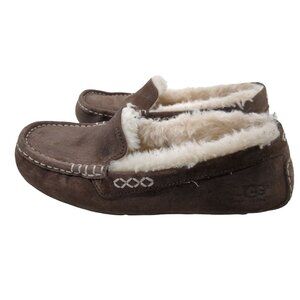 UGG Ansley Moccasin Slipper Womens 6 Brown Suede Wool Lined Rubber Outsole Cozy‎